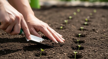 hands planting seedlings in garden soil with sunlight for springtime gardening and growth