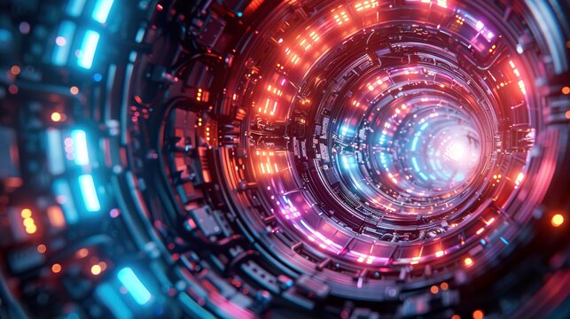 Futuristic neon tunnel with glowing digital circuitry and blue orange lights, generative ai
