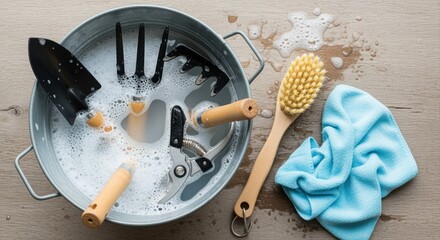 gardening tools soaking in soapy water for spring cleaning on wooden table
