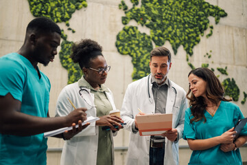 Diverse healthcare professionals working together on global health