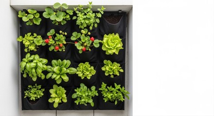 vertical wall garden displaying various herbs and plants in black planter pockets