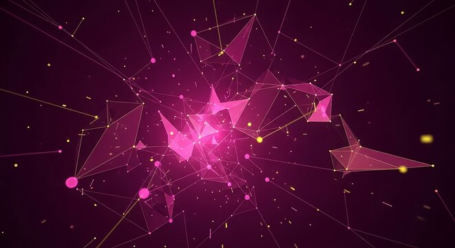 Complex network visualization with connected dots and geometric shapes