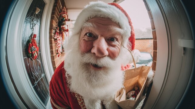 Santa stands at a doorway, smiling widely. He holds a bag of treats and brings holiday cheer on a chilly winter day, fish eye