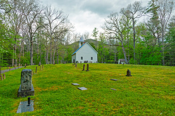 Cades Cove, a scenic valley surrounded on all sides by mountains south of Townsend, Tennessee with hiking trails and many historic homesites, cemeteries, and churches