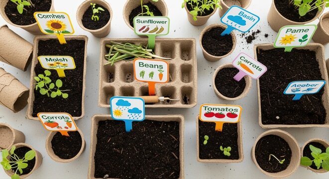 top view of labeled seedling containers with herbs and vegetables growing in soil indoors