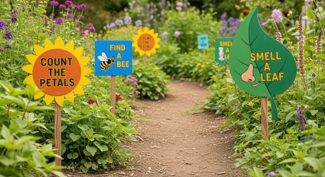 colorful garden path with educational signs for children in summertime nature park - Powered by Adobe