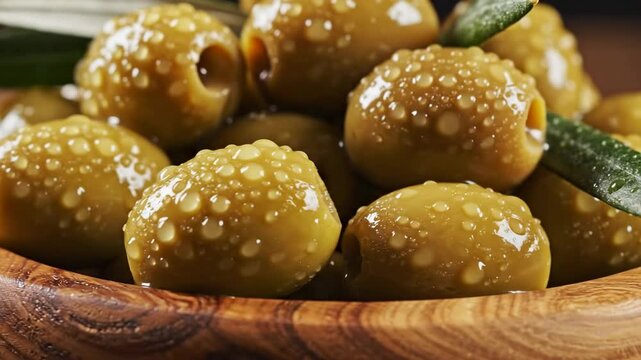 Primer plano de aceitunas verdes brillantes, fondo que muestra su textura natural y apariencia, perfecto para uso culinario