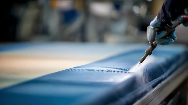 Closeup medium shot of a technician spraying adhesive evenly across a worn rubber surface preparing it for bonding new rubber in a manufacturing environment.