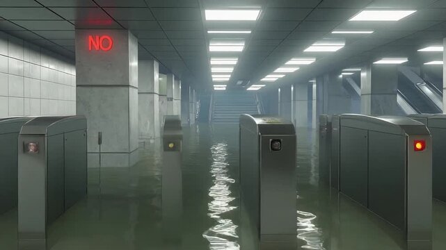 改札口まで浸水した地下鉄駅が水害の爪痕を残す不気味な都市の姿