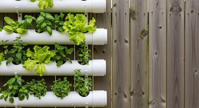 vertical hydroponic garden with fresh herbs and lettuce on a wooden fence in urban backyard