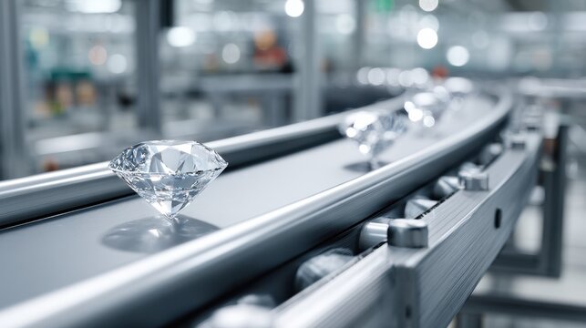 Shiny diamonds move along a conveyor belt in a modern workshop reflecting light beautifully.