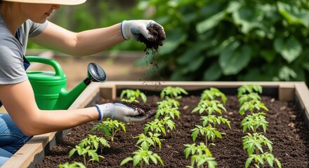 gardener planting seedling in raised garden bed with healthy soil on a sunny day