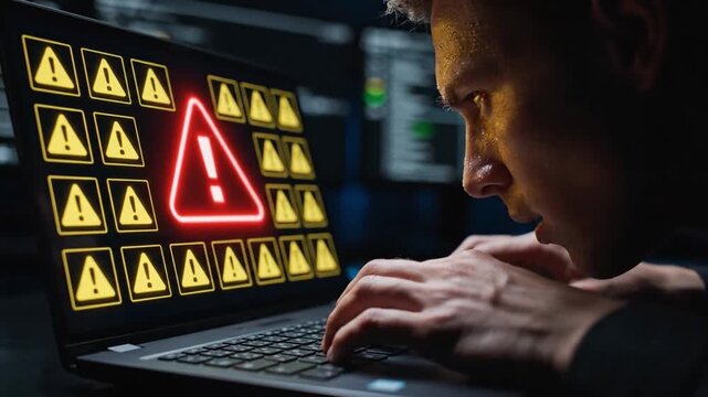 A security engineer responds to a critical cybersecurity incident, with multiple red warning alerts flashing on a holographic interface