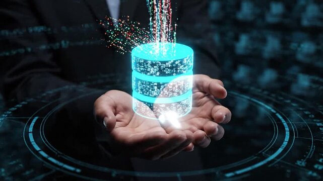 An engineer holds a holographic database icon, visualizing the process of data migration, transformation, and storage