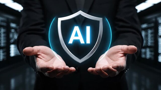 A person protects an AI model with a holographic shield and padlock, symbolizing privacy-preserving AI and secure technology
