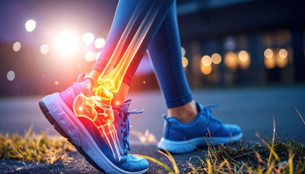 Person running with glowing ankle bones indicating pain and injury, medical and sports healthcare concept