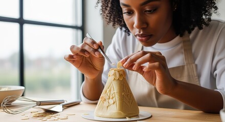young woman artistically crafting detailed cake decoration in a cozy kitchen environment