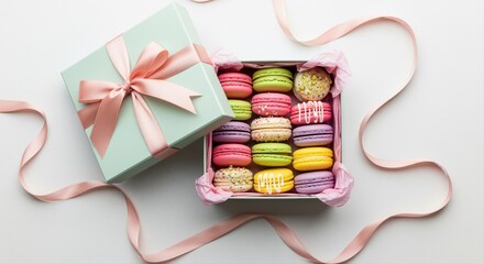colorful assorted macarons in gift box with pink ribbon on white background, festive concept