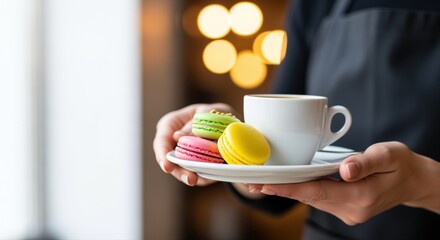 hands holding a coffee cup and colorful macarons on a white plate in cozy cafe setting