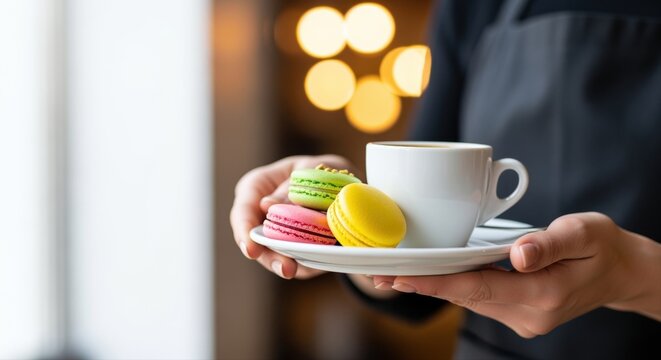 hands holding a coffee cup and colorful macarons on a white plate in cozy cafe setting