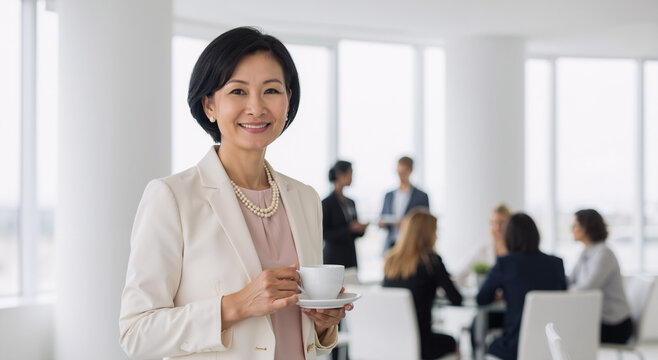 asian businesswoman enjoying coffee in modern office with colleagues in background