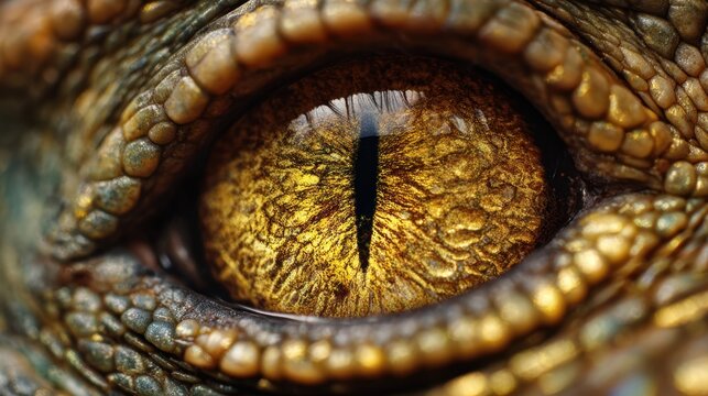 A stunning reptilian eye showcases detailed patterns and vibrant colors under natural light.