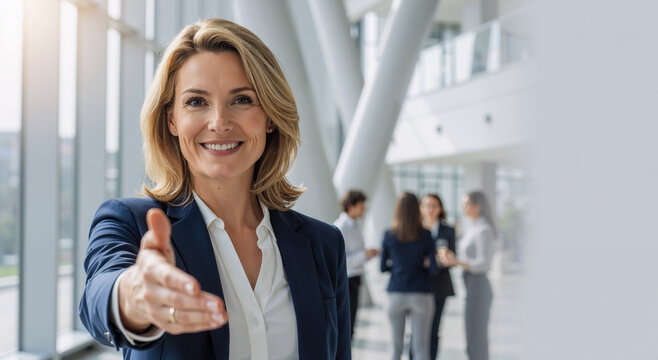 confident professional offering handshake in modern business office with colleagues chatting - Powered by Adobe