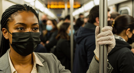young black woman wearing mask and gloves on crowded subway during commute in city