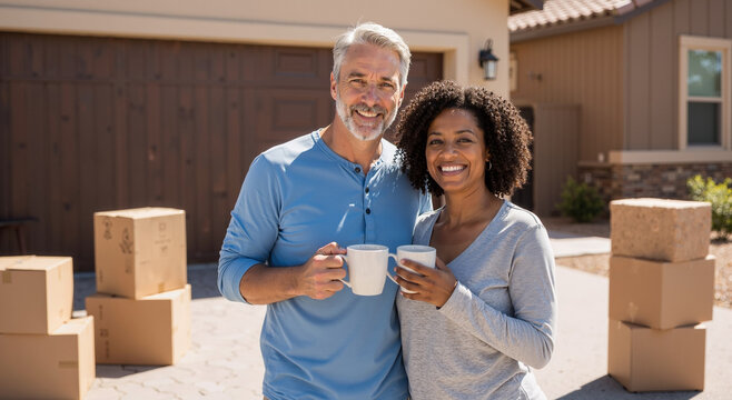 smiling mature couple enjoying coffee surrounded by moving boxes in sunny driveway