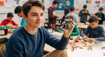 young man showcasing robot project in classroom with engaged students working in background