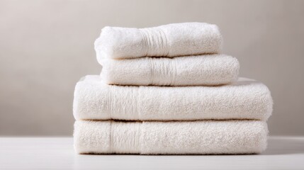 A stack of fluffy white towels sits atop a smooth surface adding a touch of elegance and comfort.