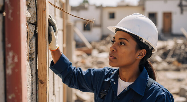 focused construction worker assessing building wall at urban construction site
