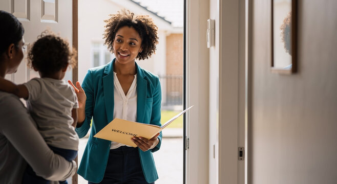 real estate agent welcoming young family to new home with a welcome folder in bright daylight