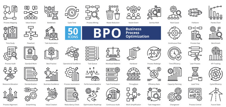 Business Process Optimization outline contains 50 icons including efficiency ratio, capacity planning, lead time, cycle efficiency, streamlining, value creation, redundancy check, simple vector 