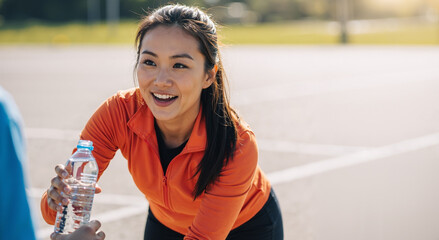 young asian woman runner taking water break while smiling on sunny day outdoors
