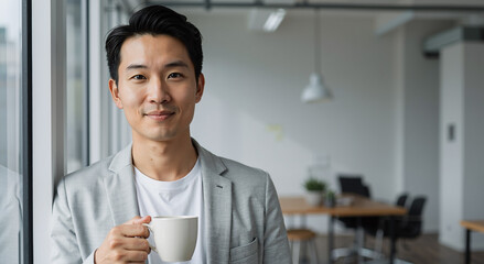 young asian man in gray blazer holding a coffee cup in bright modern office