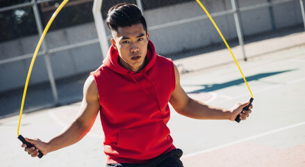 young asian man skipping rope on outdoor basketball court under sunny sky