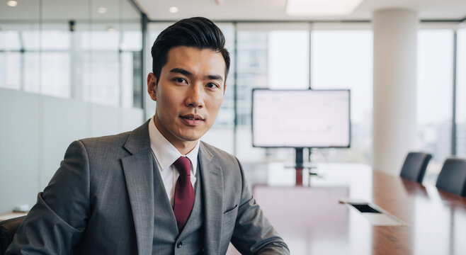 confident businessman in gray suit sitting in modern glass-walled office during meeting