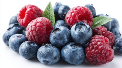 Juicy blueberries and ripe raspberries are artistically displayed creating a vibrant contrast.
