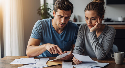 couple reviewing bills together at home discussing financial planning with concern