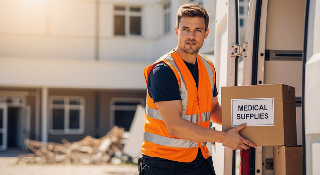 young delivery worker unloading medical supplies from a van on a sunny day in urban setting