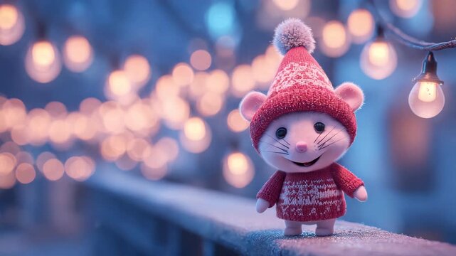 Cute 3d character animation. little baby mouse with a Christmas gift. New Year, winter holidays concept. festive light bulbs on the background