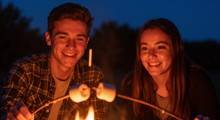 young friends enjoying campfire night roasting marshmallows under starry sky with smiles