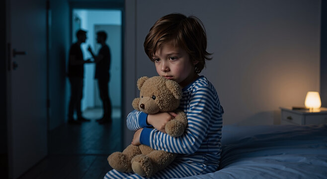 young boy in striped pajamas holding teddy bear while parents argue in the background - Powered by Adobe