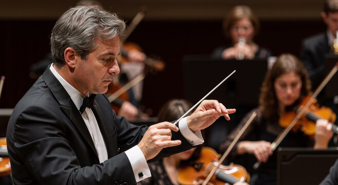 conductor leading symphony orchestra performance with focused musicians on stage - Powered by Adobe