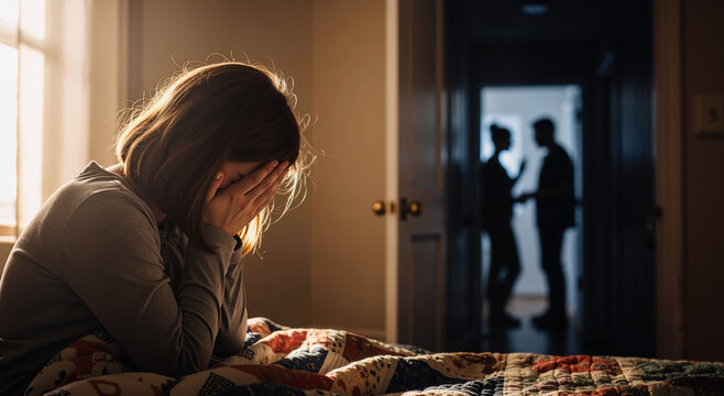 child sitting in bedroom feeling upset while couple argues in the background doorway