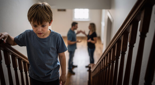 young boy in distress on staircase while parents argue in background of family home