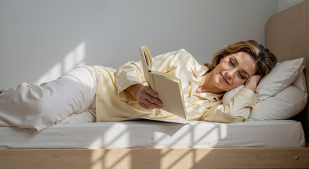 relaxed woman reading book in bed with natural sunlight streaming through window