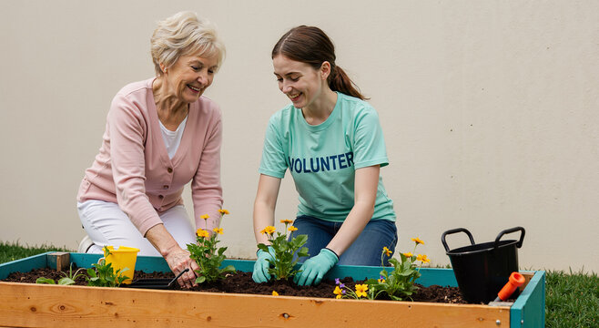 young volunteer helping elderly woman plant flowers in garden with joyful expressions - Powered by Adobe