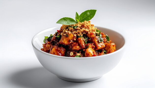 Sweet and Spicy Crispy Tofu with Basil and Peanuts (Tahu Cabe Garam or Tahu Hot Plate) in a White Serving Bowl